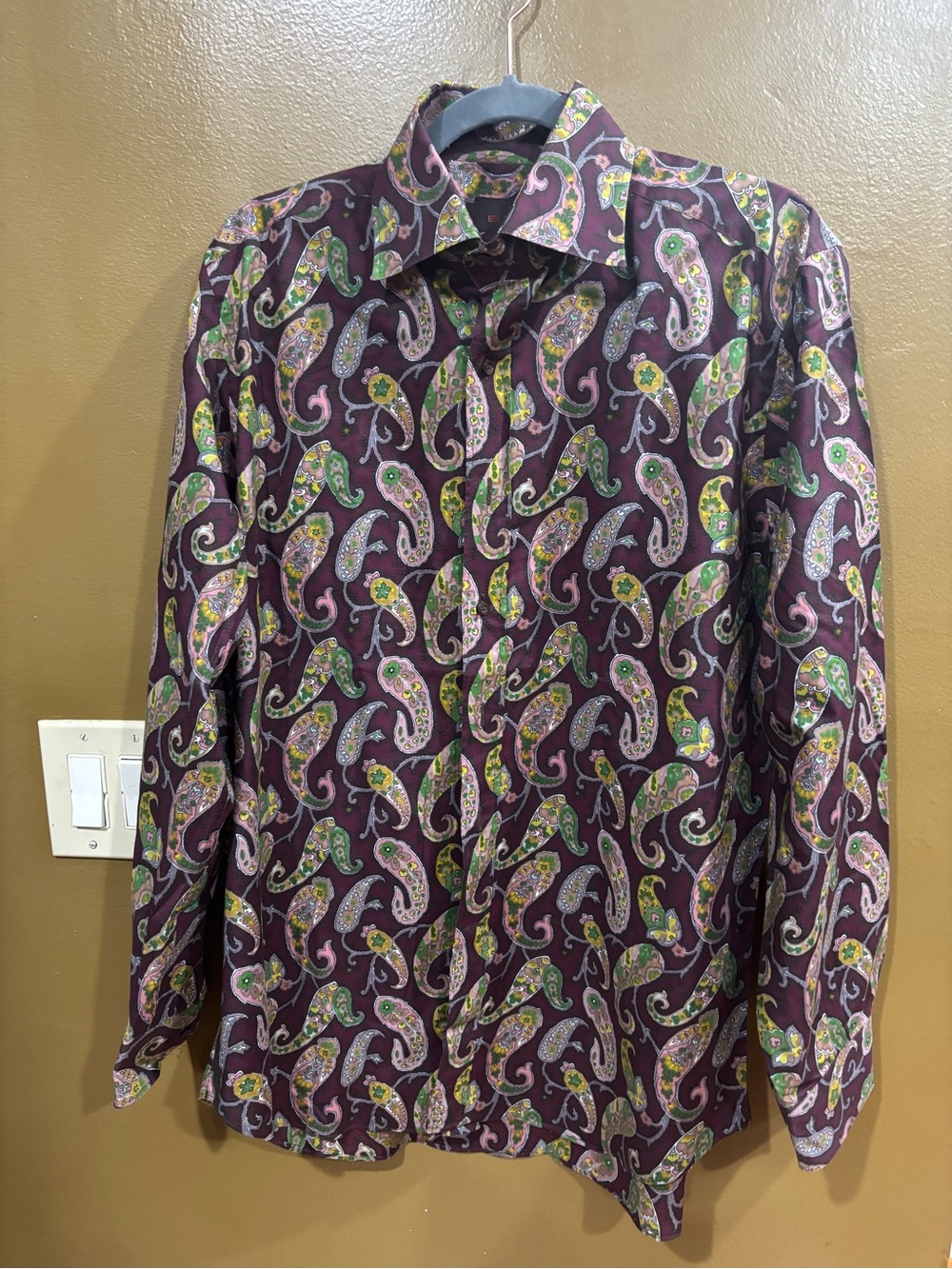 Etro Milano Mens Paisley Button Down Shirt 41/16US Burgundy Green Cotton Italy